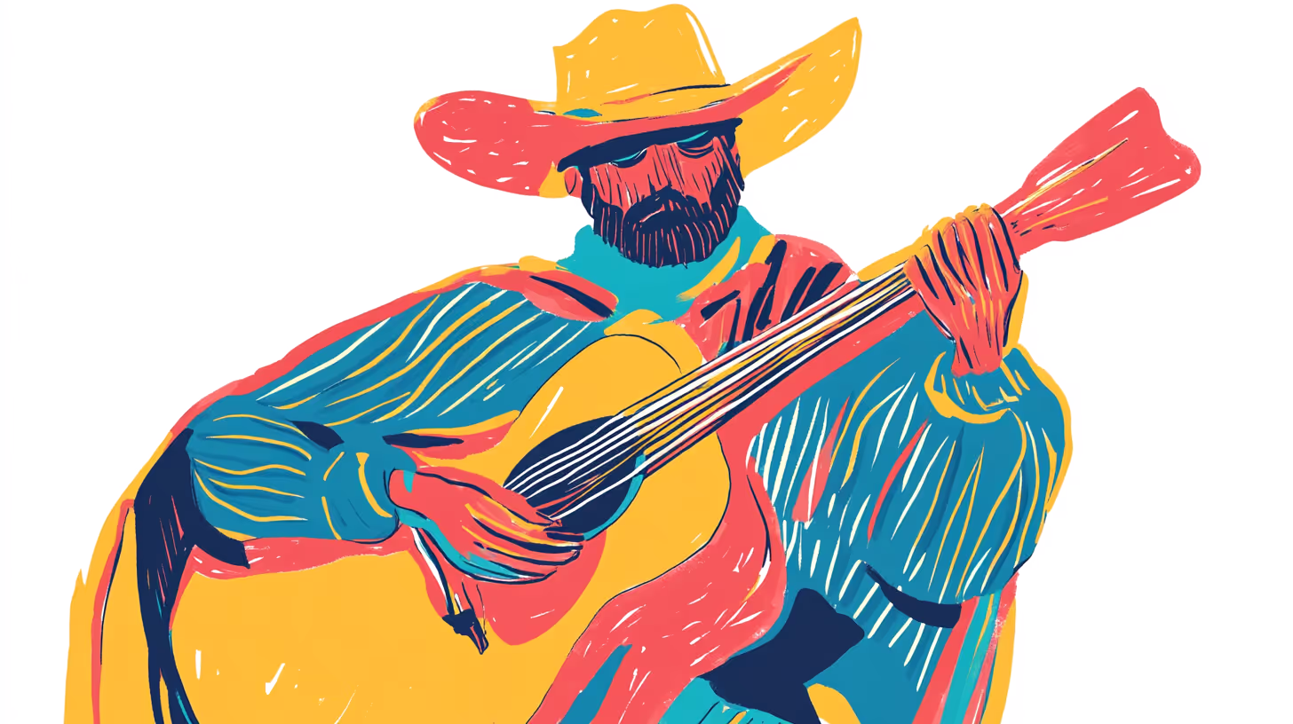 Colorful illsutartion of a cowboy playing the guitar